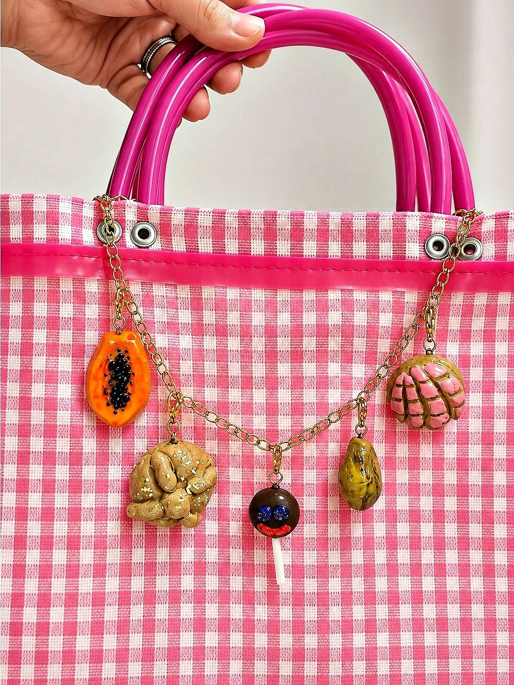 Handmade bag charm with chain and motif